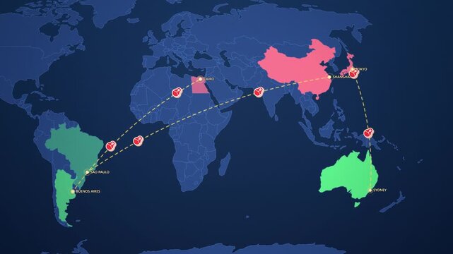Beef Export Shipping Routes on Corporate Map, Brazil Argentina Australia to China Japan Egypt Animated Motion Graphics Seamless Loop, 4K
