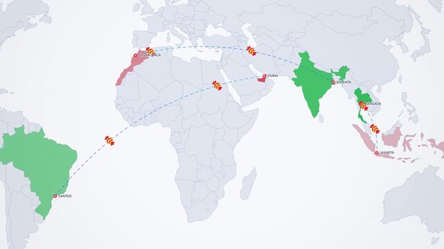 Export of sweets or Sugar Export Routes on Light Map, Brazil India Thailand Trade Flows Animated Commodity Motion Graphics Seamless Loop, 4K
