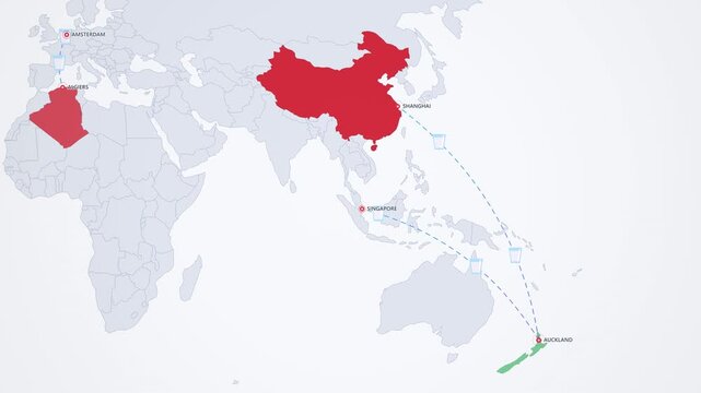Dairy Export Routes on Light Map, New Zealand Netherlands Milk Trade to Asia Animated Motion Graphics Seamless Loop, 4K