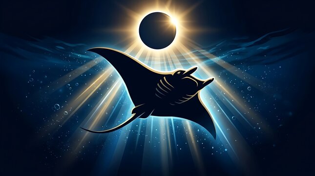 Manta ray silhouette swimming underwater with light rays