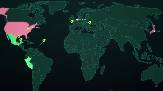 Avocado Export Routes on Dark Map, Mexico Peru to USA Europe Japan Animated Superfood Motion Graphics Seamless Loop, 4K