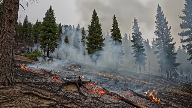 Controlled Prescribed Wildfire Burns Smoldering Forest Floor on Steep Rocky Slope with Pine Trees