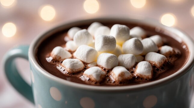 Close up view of hot chocolate in a ceramic mug. Mini marshmallows float atop rich cocoa drink. Festive sweet treat perfect for winter comfort.