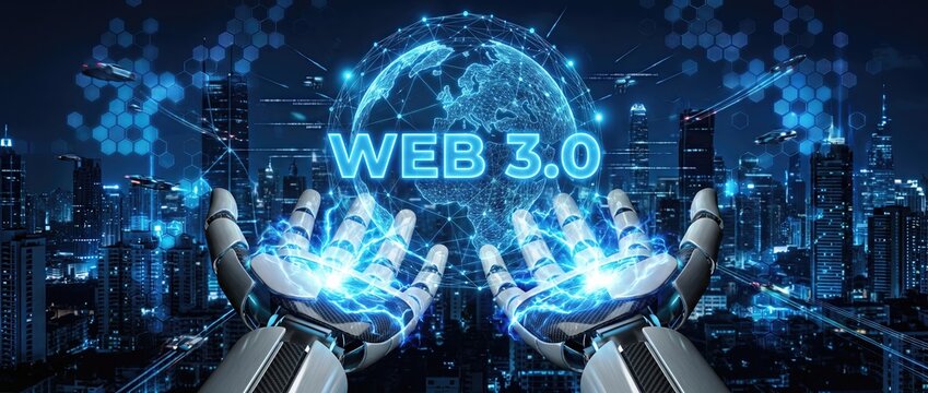 Futuristic robotic hands grasping a three dimensional globe symbolizing web 3.0 technology and innovation set against a vibrant night city skyline