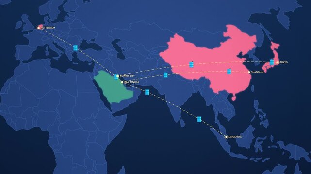Crude Oil Tanker Shipping Routes on Corporate Map, Saudi Arabia Kuwait to China Japan Europe Animated Motion Graphics Seamless Loop, 4K