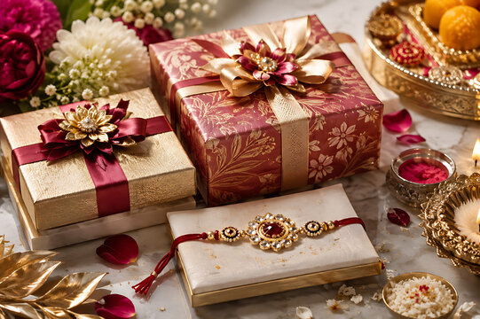 Elegant Raksha Bandhan Festival Background with Decorative Rakhi, Rakhi Purnima, Brother Sister Relationship, Traditional Rakhi Ceremony, Tilak, Kumkum, Akshat, Diya Lamp, Indian Mithai, Gifts