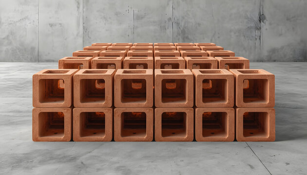 Stacked Terracotta Bricks in a Minimalist Construction Setting