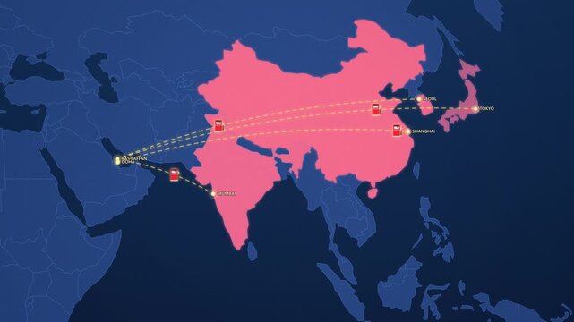 Qatar LNG Shipping Routes on Corporate Map, Ras Laffan to Japan Korea China India Animated Energy Motion Graphics Seamless Loop, 4K