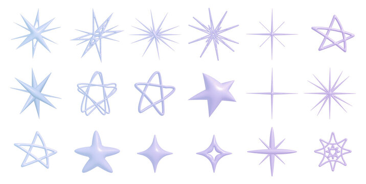 light icon, 3d sparkle, geometric star icon in penrose wireframe style, design asset collection, sharp light-burst shape, plump star, unique star design, light shape, set of star shapes, purple