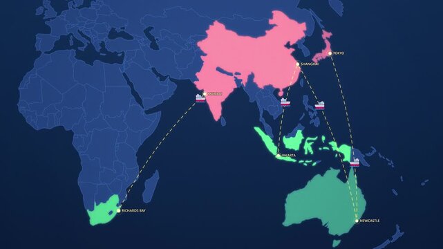 Coal Shipping Routes on Corporate Map, Australia South Africa Indonesia to China India Japan Animated Motion Graphics Seamless Loop, 4K