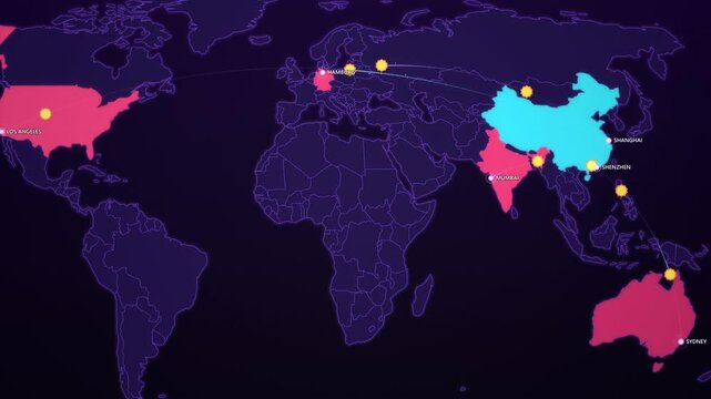 Solar Panel Export Routes on Cyber Map, China to Germany USA India Australia Animated Green Energy Motion Graphics Seamless Loop, 4K