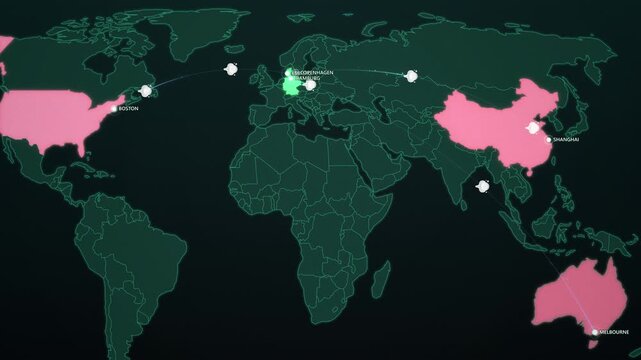 Wind Turbine Export Routes on Dark Map, Denmark Germany to USA China Australia Animated Green Energy Motion Graphics Seamless Loop, 4K