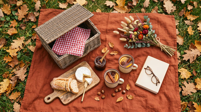Autumn picnic setup with wicker basket cheese bread and mulled wine on blanket