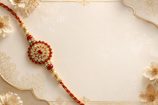 Elegant Raksha Bandhan Festival Background with Decorative Rakhi, Rakhi Purnima, Brother Sister Relationship, Traditional Rakhi Ceremony, Tilak, Kumkum, Akshat, Diya Lamp, Indian Mithai, Gifts