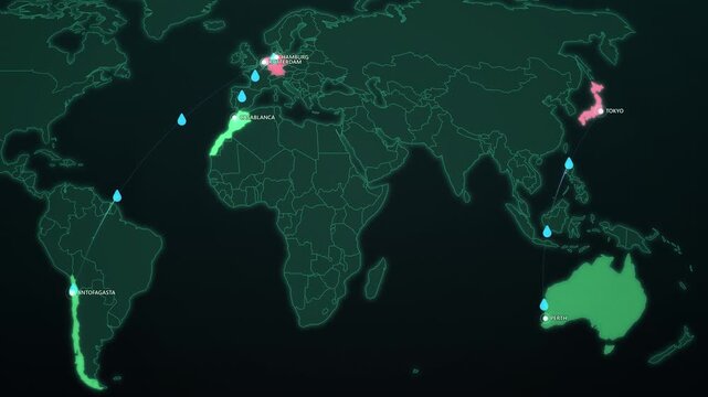 Green Hydrogen Export Corridors on Dark Map, Australia Chile Morocco to Japan Europe Animated Motion Graphics Seamless Loop, 4K