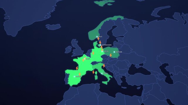 European Electricity Grid on Neon Map, Norway Germany France Spain Power Network Animated Motion Graphics Seamless Loop, 4K