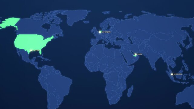 Global Oil Refinery Hubs on Corporate Map, Rotterdam Singapore Houston Dubai Animated Energy Motion Graphics Seamless Loop, 4K