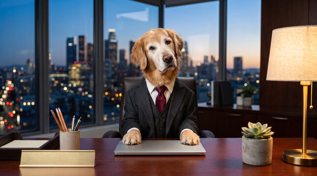 Funny golden retriever dog in business suit working as executive in modern office
