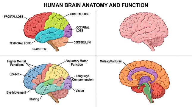 Comprehensive labeled diagram of human brain anatomy and functional regions