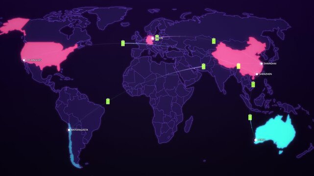 Lithium Supply Chain on Cyber Map, Chile Australia to China Germany USA Battery Metals Animated Motion Graphics Seamless Loop, 4K