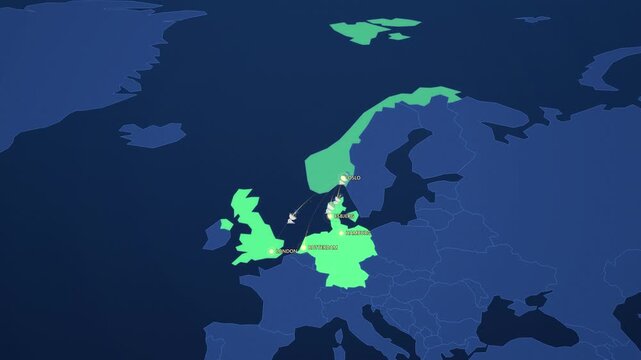 North Sea Energy Hub on Corporate Map, Norway Denmark Germany Netherlands UK Animated Motion Graphics Seamless Loop, 4K