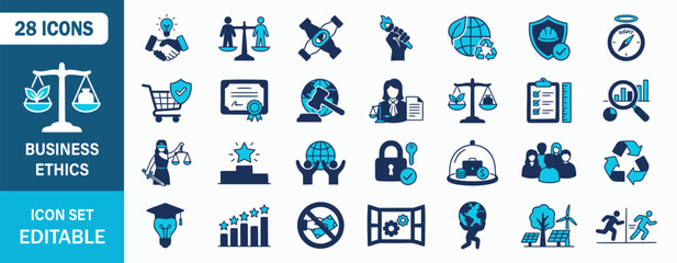 Fototapeta premium Business Ethics Icon Set Featuring Integrity Compliance Transparency Corporate Responsibility And Fair Trade Governance Concepts