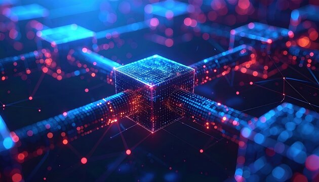 Blockchain network visualization with connected digital blocks