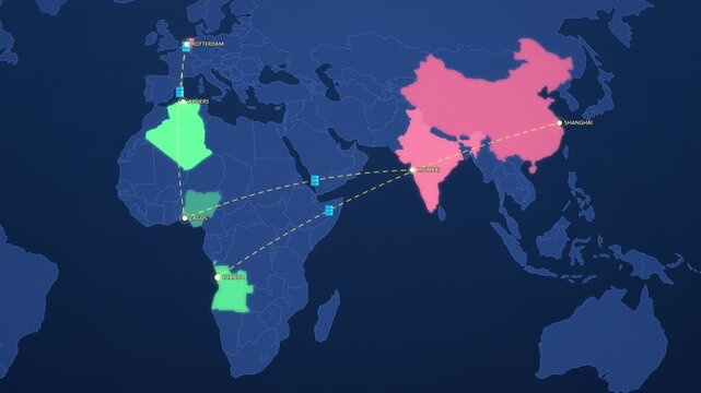 African Oil and Gas Exports on Corporate Map, Nigeria Angola Algeria to Europe Asia Animated Motion Graphics Seamless Loop, 4K