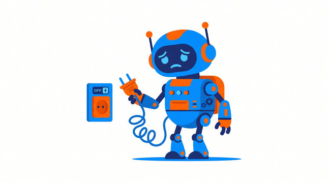 Sad Robot Holding Disconnected Plug with 404 Error Concept