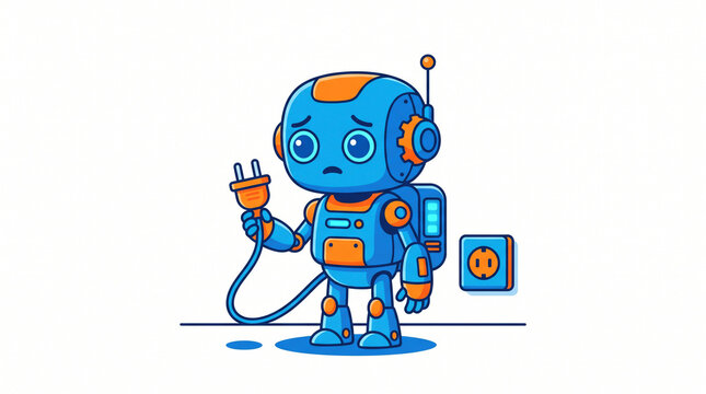 Sad Robot Holding Disconnected Plug with 404 Error Concept