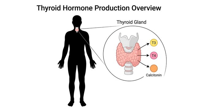 Medical illustration of human thyroid hormone production process with labeled