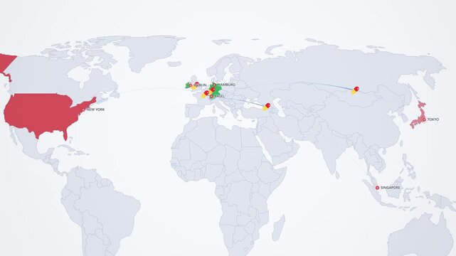 Pharmaceutical Manufacturing Hubs on Light Map, Switzerland Ireland Germany Exports Animated Motion Graphics Seamless Loop, 4K