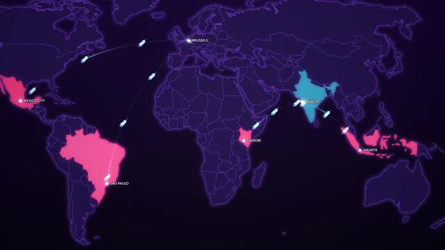 Vaccine Distribution Routes on Cyber Map, India Belgium Manufacturing to World Animated Pharma Motion Graphics Seamless Loop, 4K