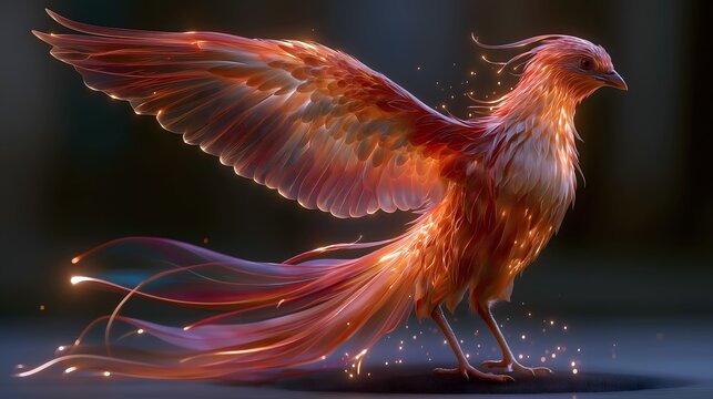 Ancient Greek myth phoenix rebirth abstract light effect, flame-formed spread-wing bird silhouette, orange-red to gold gradient feathers, newborn light points rising from ash halo, commercial asset fo