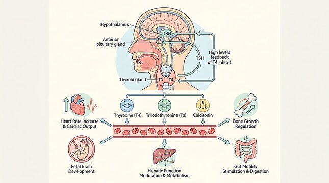 Detailed human brain anatomy diagram with labeled regions and neural pathways