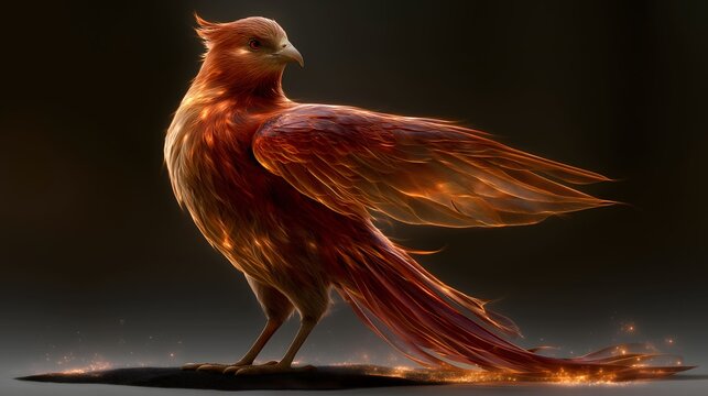 Ancient Greek myth phoenix rebirth abstract light effect, flame-formed spread-wing bird silhouette, orange-red to gold gradient feathers, newborn light points rising from ash halo, commercial asset fo