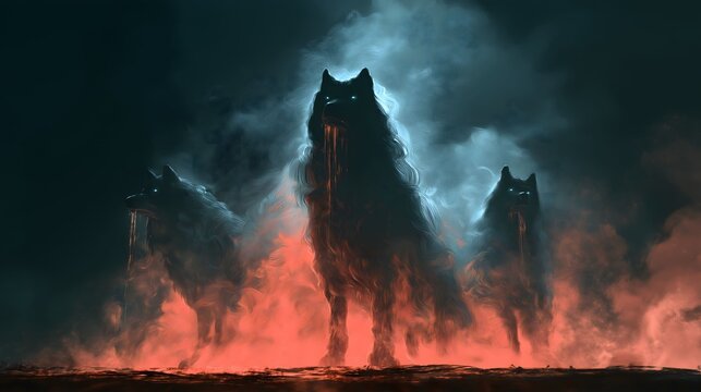Ancient Greek myth underworld three-headed dog abstract light effect, three shadow dog heads rising from bottom, eerie green eyes and dark red light, serpentine patterns around necks, black void solem