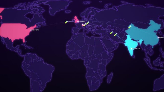 Pharmaceutical API Supply Routes on Cyber Map, China India to Switzerland USA UK Animated Motion Graphics Seamless Loop, 4K