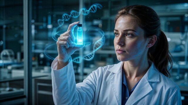 Scientist holding a glowing vial of a breakthrough cure beside a floating holographic DNA strand in a futuristic lab symbolizing hope and discovery