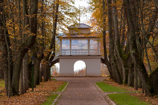 October day on the alley of the ancient park. Petrovskoye manor, Pushkinskie Gory