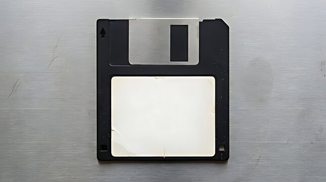 Black vintage 3.5 inch floppy disk with white label on metallic brushed aluminum