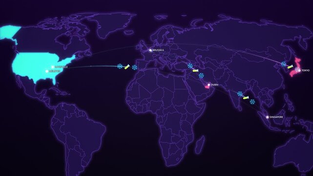 Pharmaceutical Cold Chain Routes on Neon Map, Belgium USA Air Cargo Hubs Animated Logistics Motion Graphics Seamless Loop, 4K