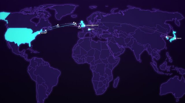 Pharmaceutical Research Collaboration on Cyber Map, USA Switzerland UK Japan Korea Animated Motion Graphics Seamless Loop, 4K