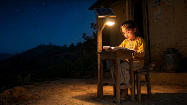 Child studying by the light of a solar lamp in a remote village at night symbolizing education access hope determination and opportunity