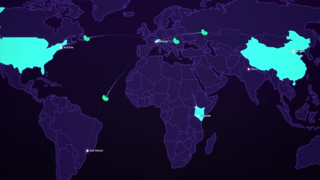 Global Health Preparedness Network on Cyber Map, Geneva USA China Kenya Brazil India Animated Motion Graphics Seamless Loop, 4K