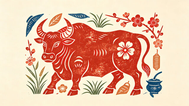 Chinese zodiac ox woodcut illustration, retro folk art floral decorative print