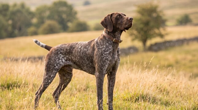 German Shorthaired Pointer hunting dog standing alert in a rural golden meadow