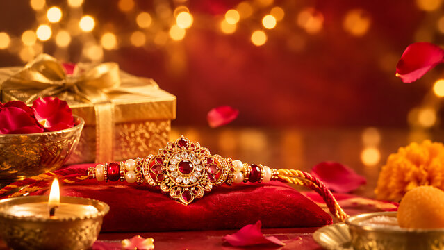 Raksha Bandhan Festival Celebration with Traditional Rakhi, Brother and Sister Bond, Rakhi Purnima, Rakhi Ceremony, Tilak, Kumkum, Akshat, Diya, Indian Sweets, Gifts, Flowers, Family Love, Protection