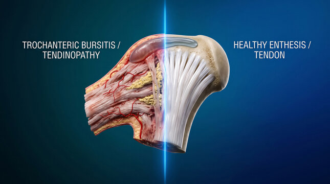 Trochanteric bursitis tendon pathology shown in medical illustration