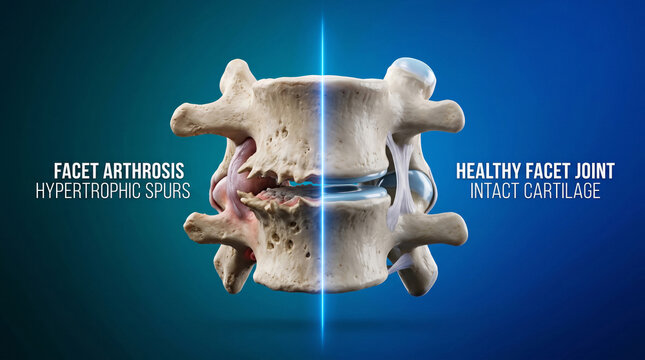 Facet joint comparison showing arthritic versus healthy state in spinal